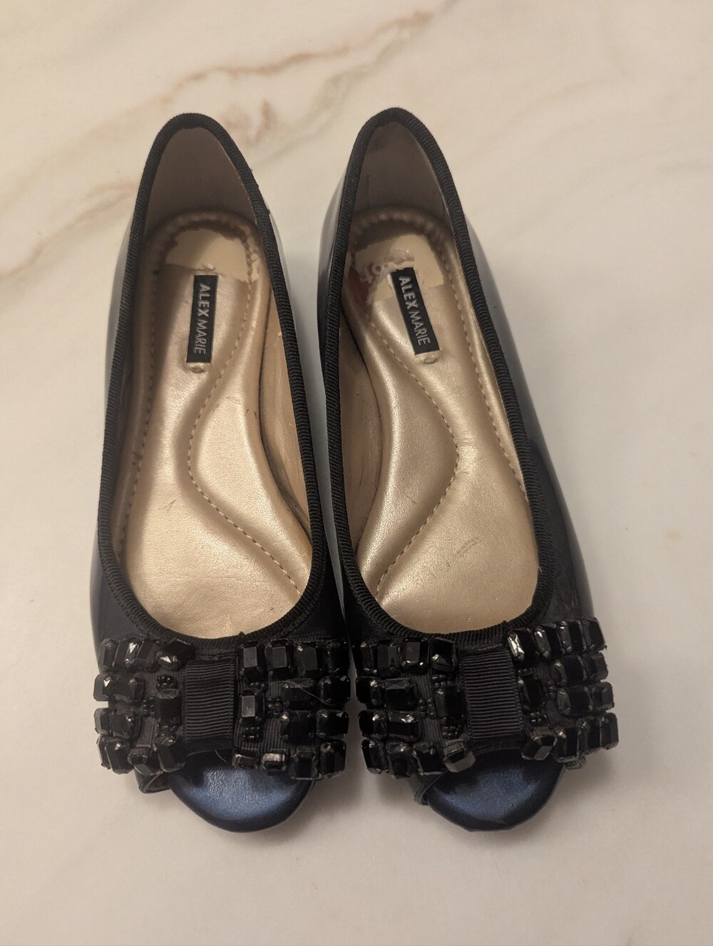 Alex Marie Black Jeweled Peep-Toe Flats with Decorative Bow